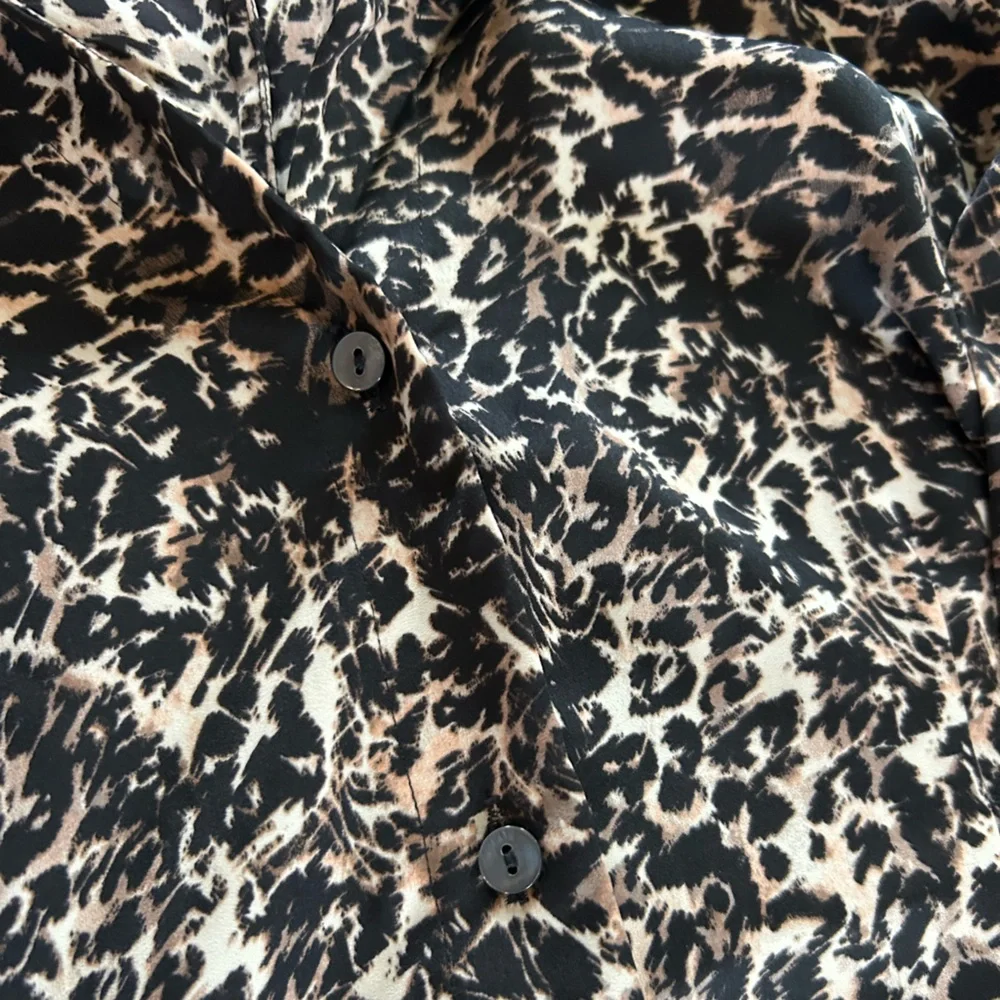 Avec Les Filles | Women’s Black/Tan Long-Sleeve Leopard Print Shirt Dress Size M